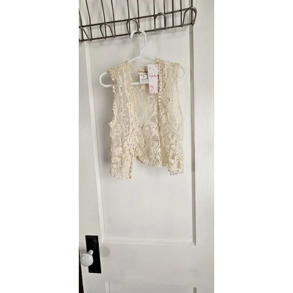 NWT Sassy Bling Little Sassy girls chrochet open front vest cotton Ivory Small